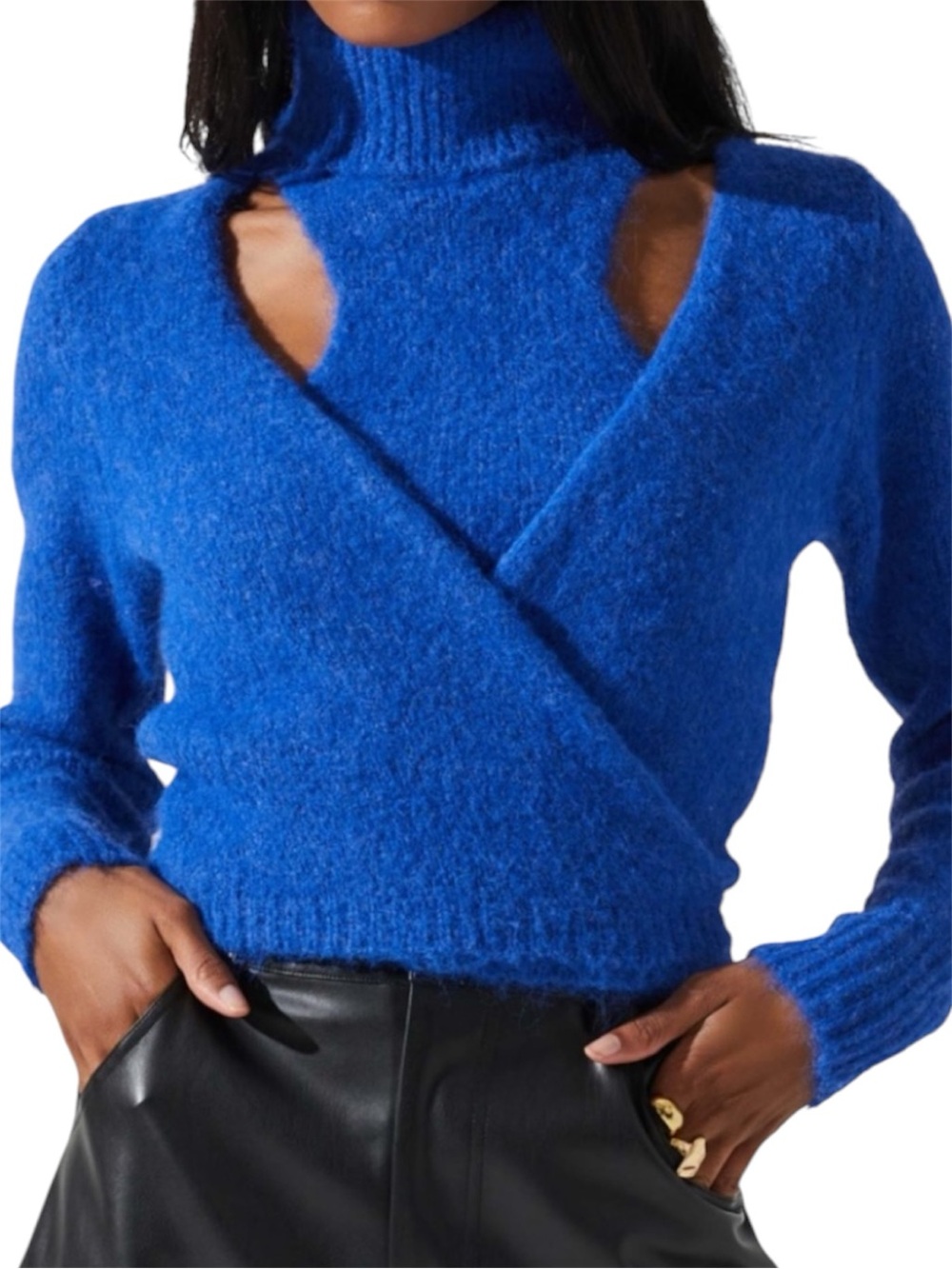 NEW Astr the Label Natasha Bold Blue Turtleneck Cutout Wrap Sweater Wool Blend